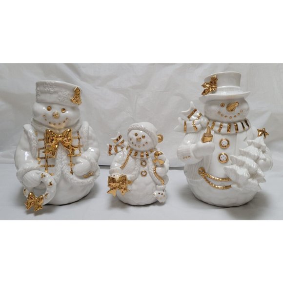 Vintage Traditions 3 PIECE PORCELAIN SNOWMAN FAMILY White with Gold Trim…